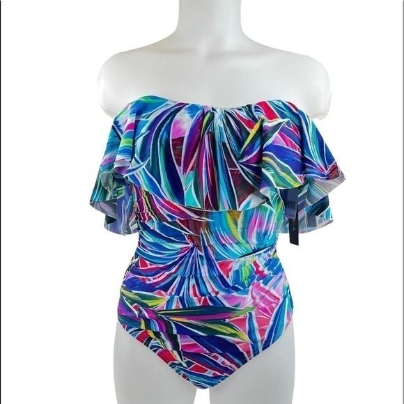 La Blanca Multicolor Palm Opulence Off Shoulder Ruffle One Piece Swimsuit - Picture 12 of 15